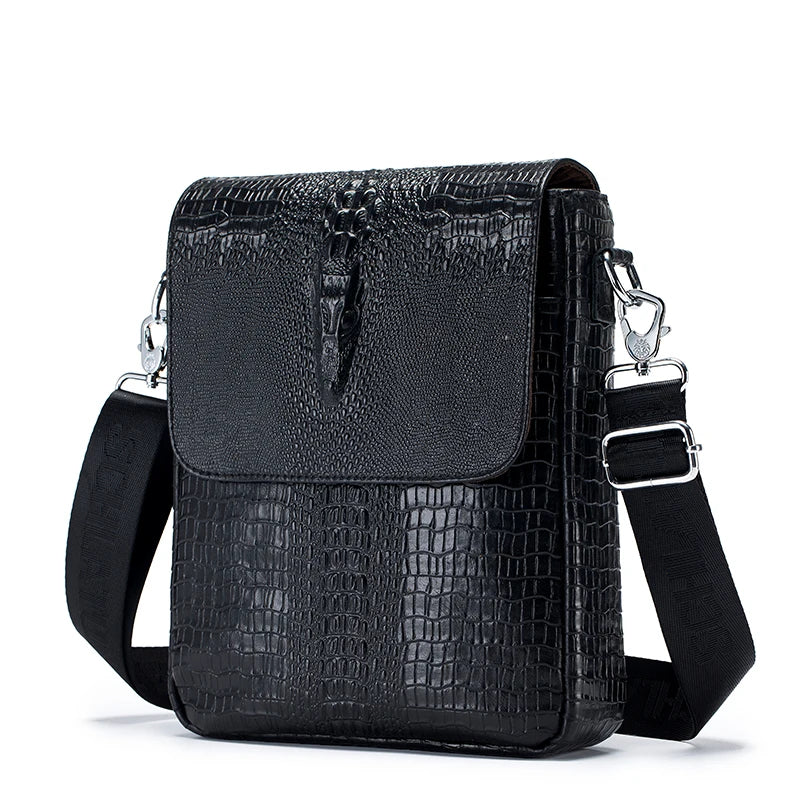 Schwarze Lederhandtasche mit Vintage-Krokodilmuster und schwarzem Riemen