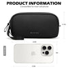 Black Bange cell phone pouch shown next to an iPhone 15 Pro model for comparison.