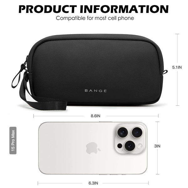 Black Bange cell phone pouch shown next to an iPhone 15 Pro model for comparison.