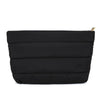 Black quilted cosmetic travel bag with a gold zipper pull.