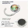 A foldable and magnetic silver bag hook with a circular design for easy storage and anti-slip use.