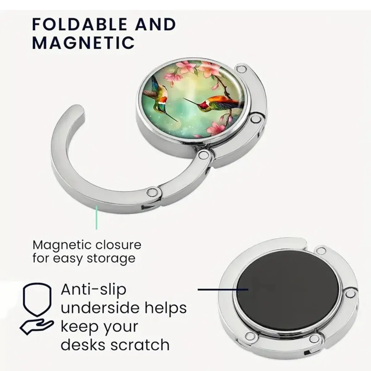 A foldable and magnetic silver bag hook with a circular design for easy storage and anti-slip use.