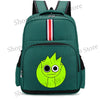 A dark green cartoon anime backpack featuring a bright lime green, smiling, stylized face design.