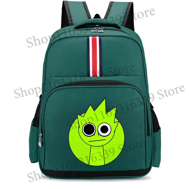 A dark green cartoon anime backpack featuring a bright lime green, smiling, stylized face design.
