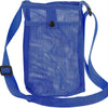 A blue mesh crossbody sling bag designed to carry a water bottle.