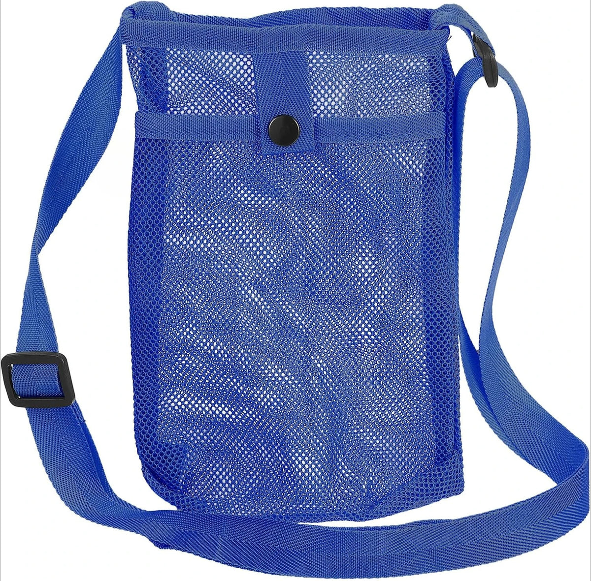 A blue mesh crossbody sling bag designed to carry a water bottle.