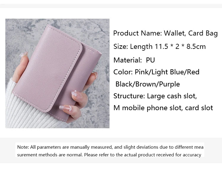A pink and light blue wallet or card bag is shown being held, displaying various slots for cash, cards, and a mobile phone.