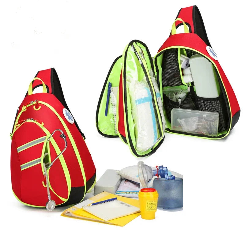 A red medical crossbody bag with a green lining is shown alongside various first aid supplies and tools.