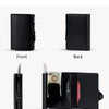 Display of a black carbon fiber RFID pop-up card holder showing front, back, side, and interior views.