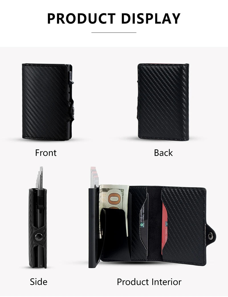 Display of a black carbon fiber RFID pop-up card holder showing front, back, side, and interior views.