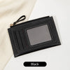 Portefeuille à pièces en cuir PU noir minimaliste avec fenêtre transparente et tirette noire, posé sur une surface blanche.