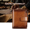 A close-up of a genuine brown leather wallet being held by a hand, showing the texture and stitching.