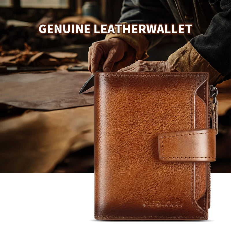 A close-up of a genuine brown leather wallet being held by a hand, showing the texture and stitching.