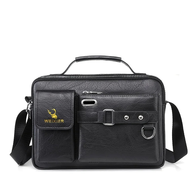 Sac bandoulière noir en imitation cuir avec rabat et sangle, orné d'un détail de logo doré.