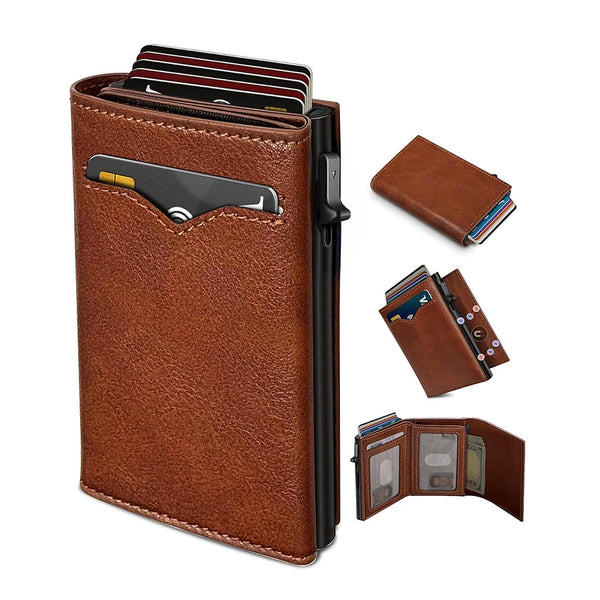 Braunes Leder-Slim-Retro RFID Pop-up Kartenetui für Herren mit verschiedenen Kartenfächern.