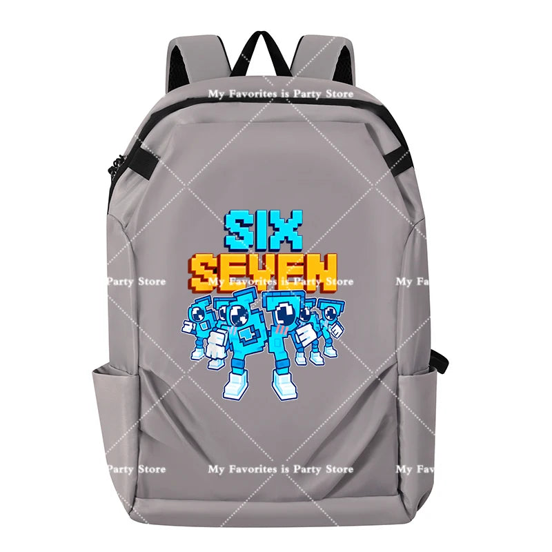 Grauer Anime-Stil multifunktionaler Rucksack mit der Aufschrift SIX SEVEN vorne.