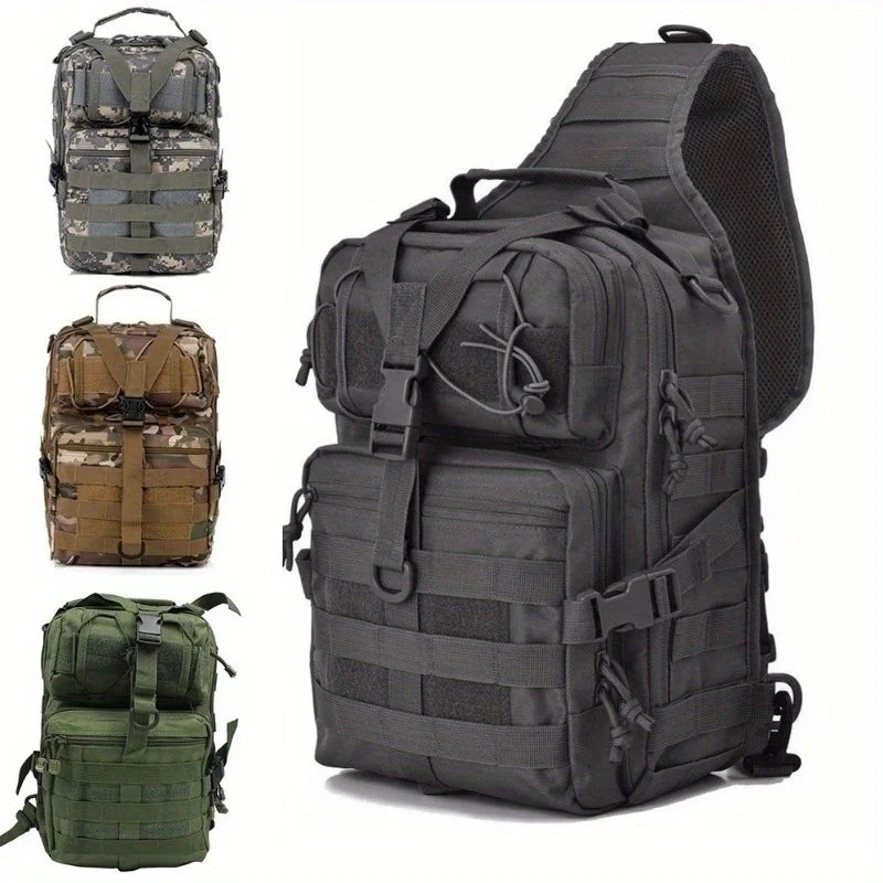 A dark gray versatile sling backpack shown in multiple color variations and angles.