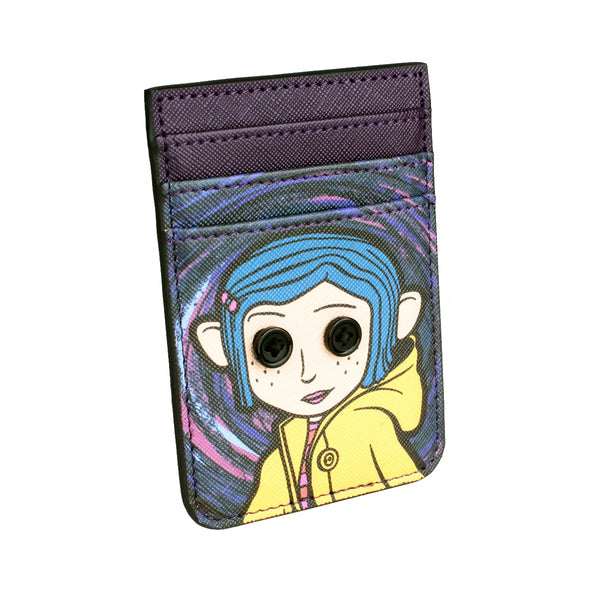 Porta tarjetas morado con ilustración de un personaje de pelo azul y sudadera amarilla.