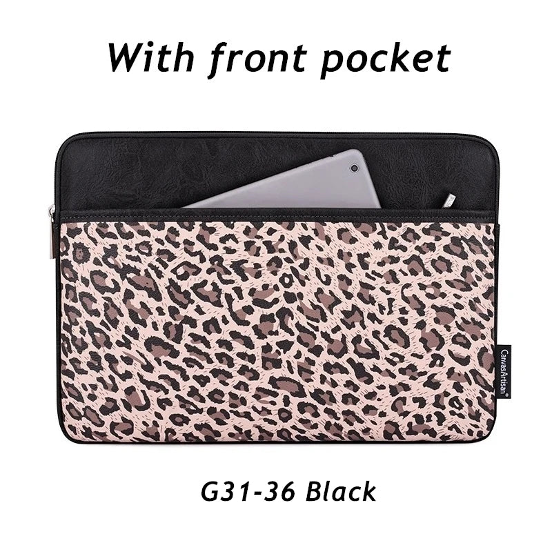 Black leopard print front pocket laptop sleeve with a front pocket