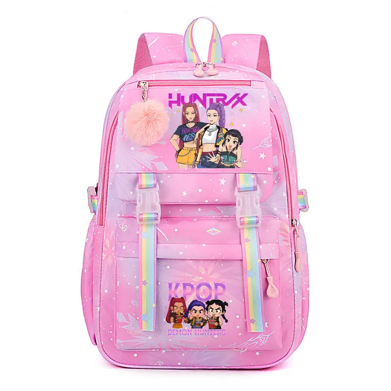 Pink Hunterx backpack featuring characters and glitter accents