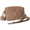 A tan quilted nylon wristlet wallet with a silver hardware strap.