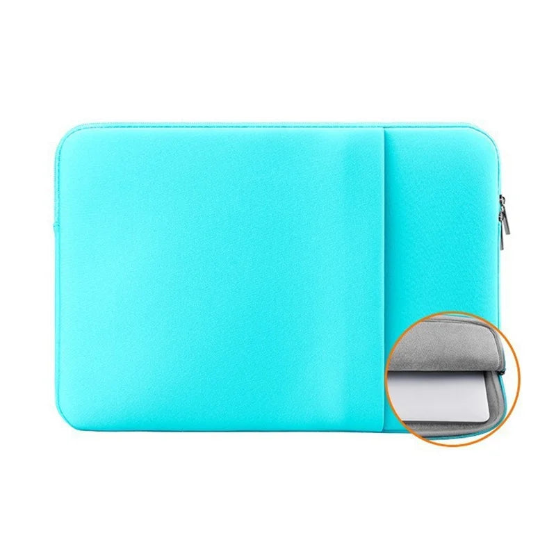 A bright cyan laptop sleeve case for a 11 to 17 inch laptop, showing the exterior and an interior view.
