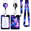 A purple and blue butterfly themed retractable badge reel with a silver clip and black lanyard.