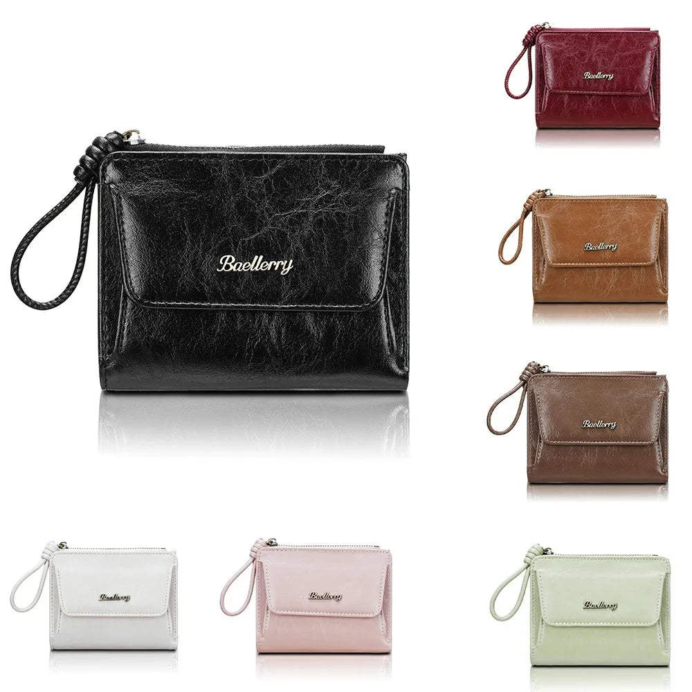 A collection of mini wallets in various shades of brown, black, and green leather with gold-toned pendants.