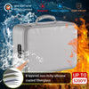 A silver fireproof multi-layer document organizer box with a handle, shown against a background of flames and water splashes.