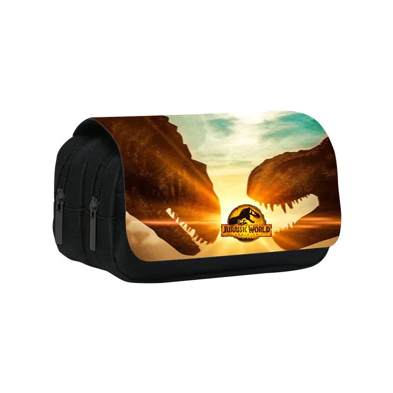 A black pencil case featuring a Jurassic World dinosaur design on the exterior.