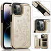A beige leather wallet flip case for an iPhone, shown with various angles and a separate card holder.