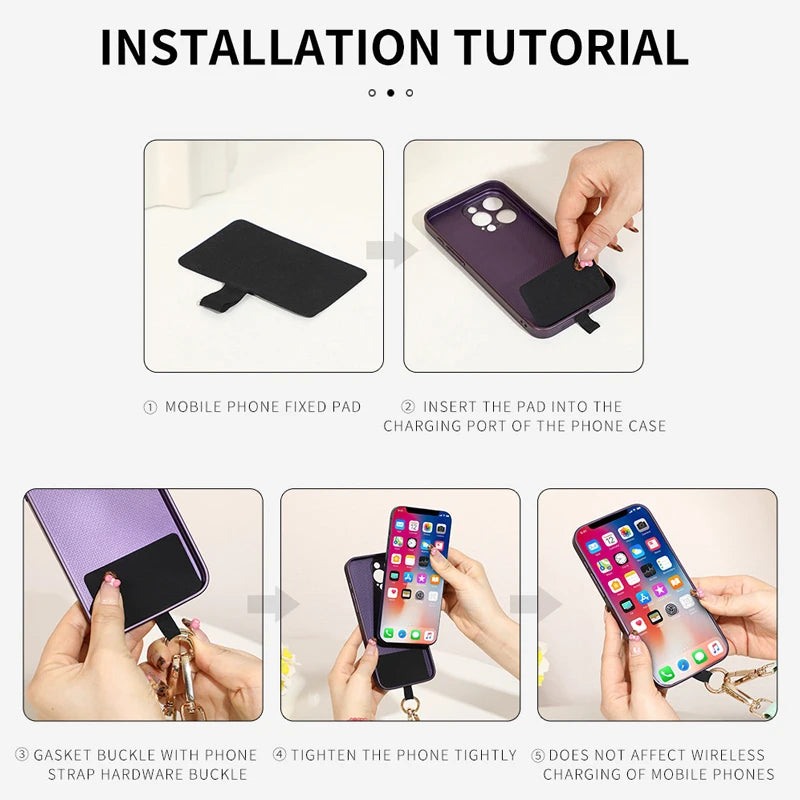 Installation tutorial showing how to insert a fixed pad into a phone case and attach a lanyard.