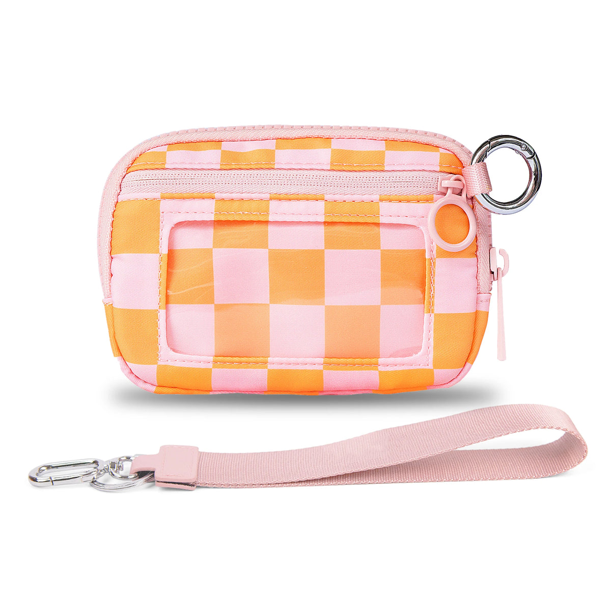 A pink and orange checkered wallet with an ID window and a pink strap.