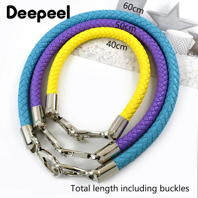A set of four colored PU leather replacement bag straps with metal buckles, including yellow, purple, blue, and cyan.