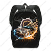 Black backpack featuring a graphic of a car engulfed in flames and lightning.