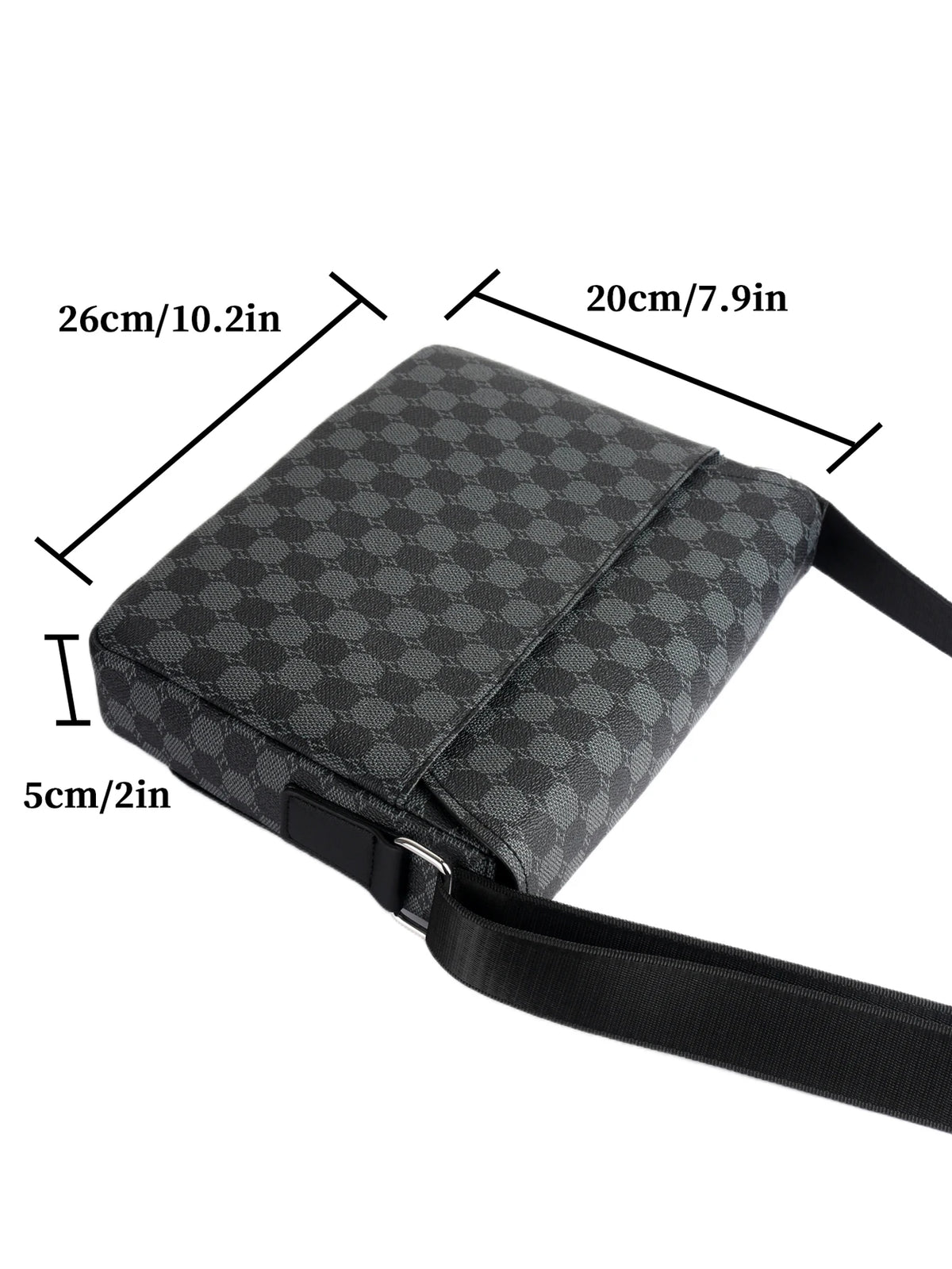 A black plaid crossbody shoulder bag shown with dimensions of 26cm/10.2in and 5cm/2in.