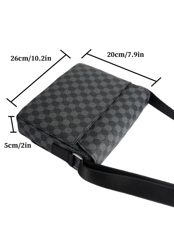 A black plaid crossbody shoulder bag shown with dimensions of 26cm/10.2in and 5cm/2in.