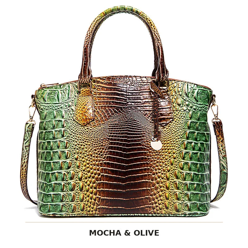 Braunes Krokodilmuster-Oberteil, Crossbody-Tasche in Mocha und Olivgrün.