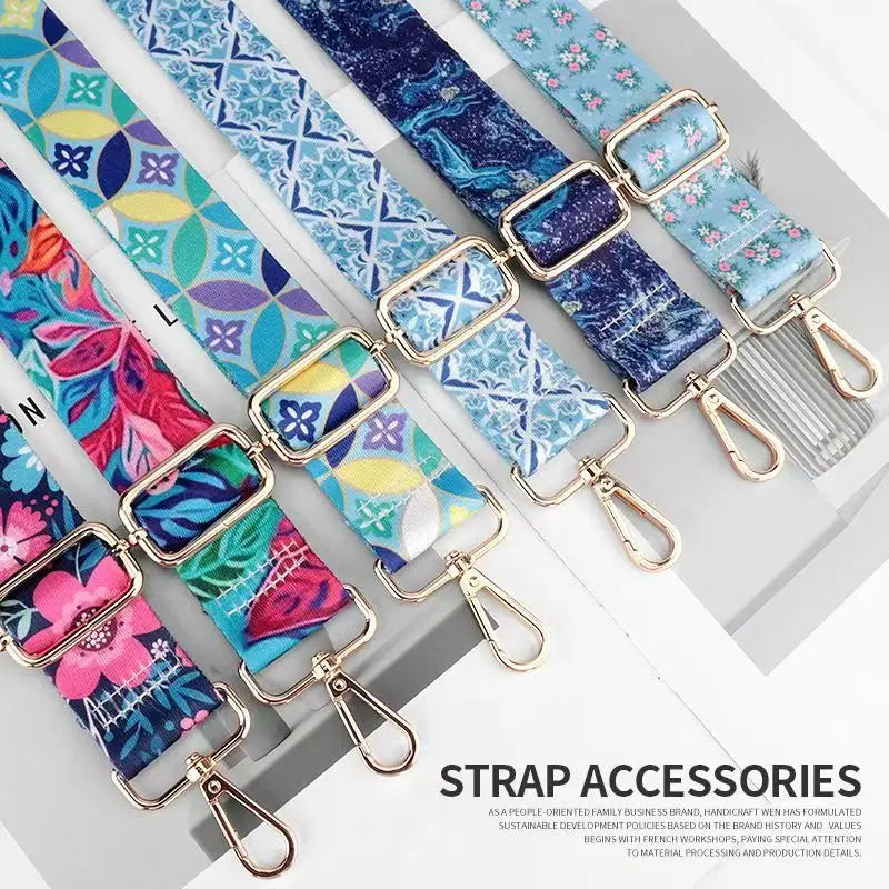 Colorful nylon bag straps in various patterns and colors for crossbody and shoulder use
