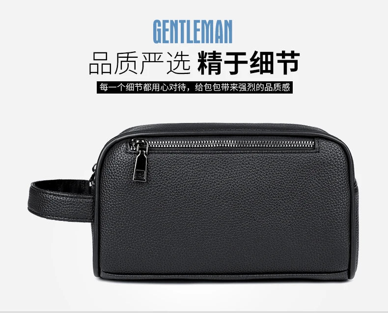 Pochette en cuir PU noire pour hommes avec une sangle, vue de face.