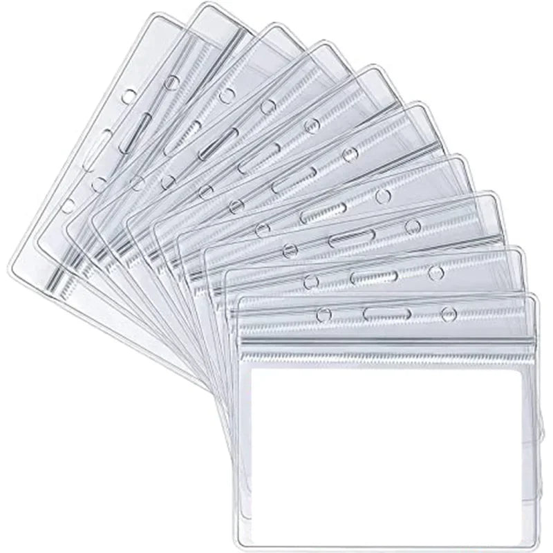 A stack of five transparent vinyl ID card holder sleeves.