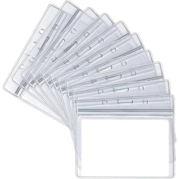 A stack of five transparent vinyl ID card holder sleeves.