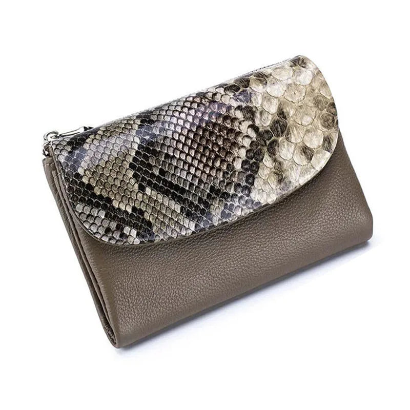 A genuine leather mini card holder wallet featuring a patterned crocodile skin flap and a dark brown leather body.