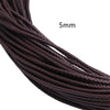 Close-up of a dark brown braided leather cord, 5mm in diameter.