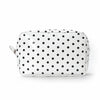 A white cosmetic storage bag with black polka dots, shown from the front.