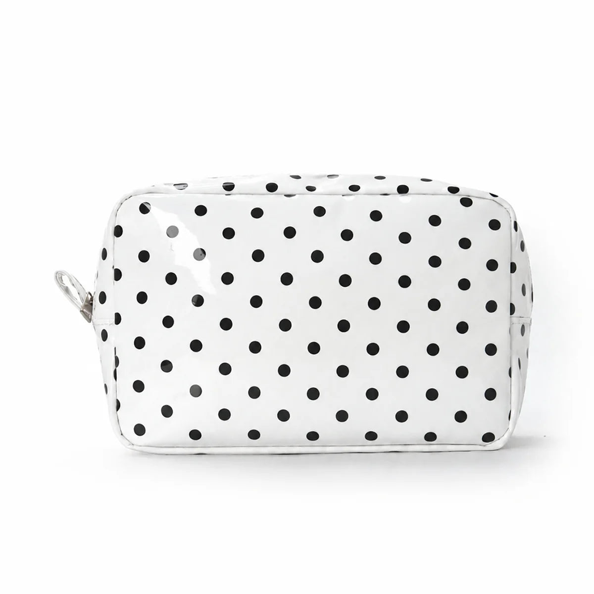 A white cosmetic storage bag with black polka dots, shown from the front.