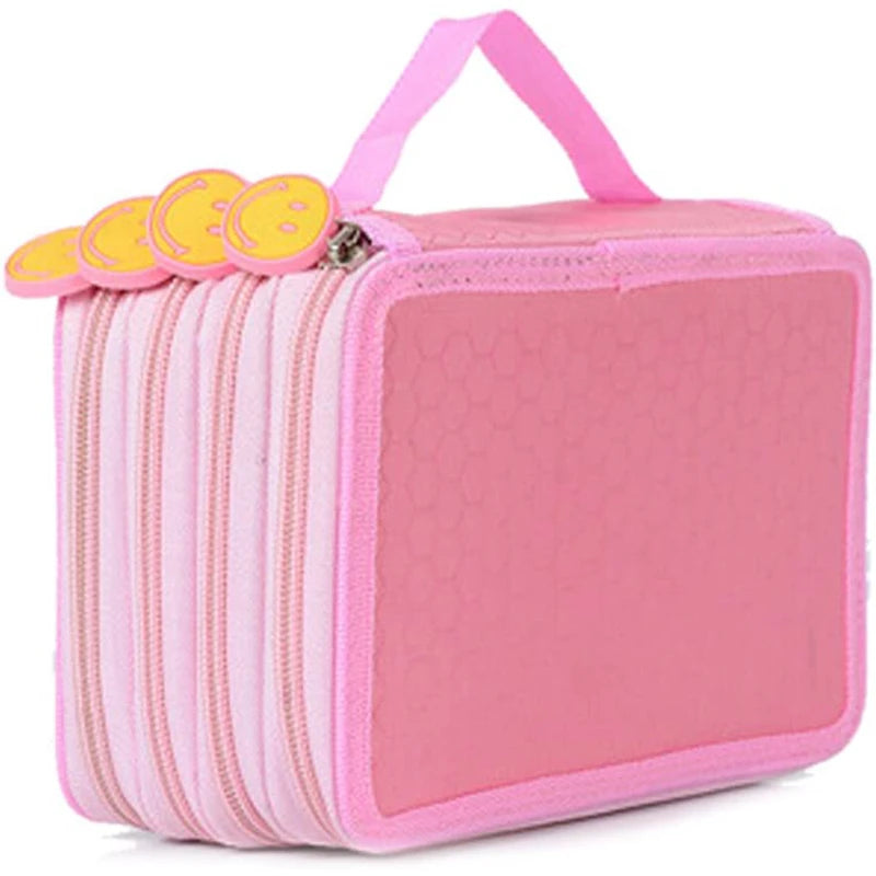 Pink pencil case with a pink strap and yellow decorative accents.