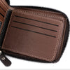 A brown vintage PU leather wallet with a coin pocket and card holder shown in a close-up view.