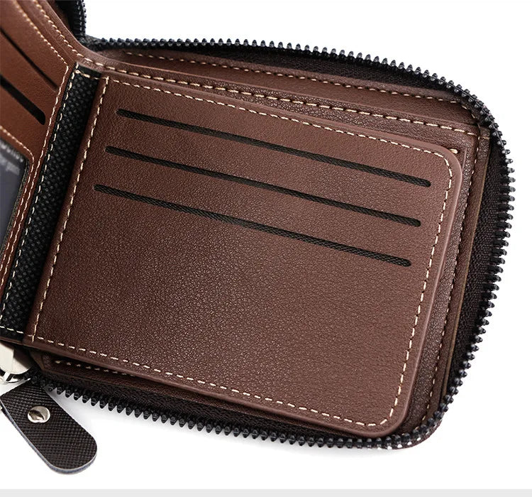 A brown vintage PU leather wallet with a coin pocket and card holder shown in a close-up view.