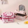 Pink insulated double-layer lunch bag for kids with cute cartoon prints and a separate storage compartment